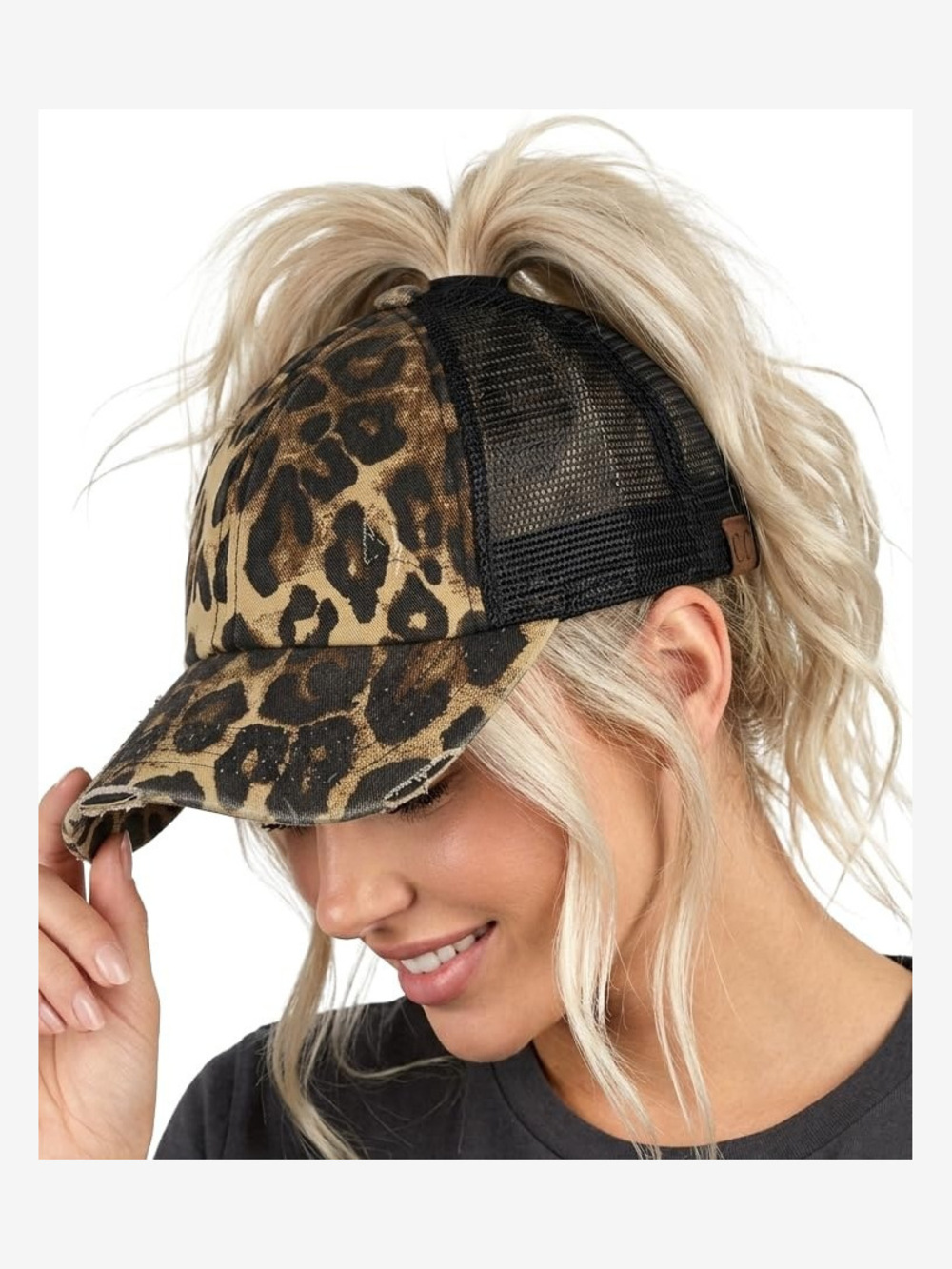 Criss Cross Ponytail Cap, Messy Bun Distressed Baseball Hat | Black | Size OS